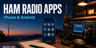 Ham shack at dusk with a smartphone, handheld, and base radio beneath the headline “Ham Radio Apps — iPhone & Android.”