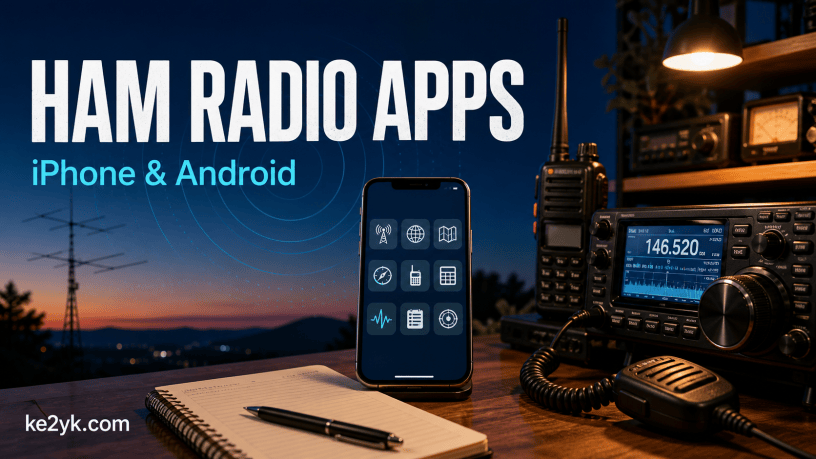 Ham shack at dusk with a smartphone, handheld, and base radio beneath the headline “Ham Radio Apps — iPhone & Android.”
