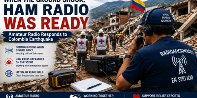 Ham radio operator providing emergency communications following the Colombia earthquake.
