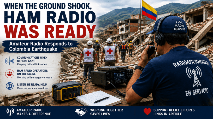 Ham radio operator providing emergency communications following the Colombia earthquake.