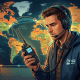 Man holding a ham radio transceiver with headset in front of a world map showing global radio connections