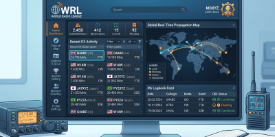 World Radio League dashboard displaying active members, recent DX spots, global propagation map, and logbook feed