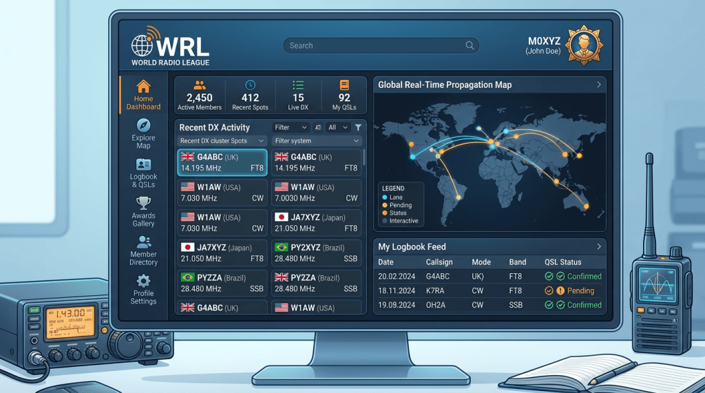 World Radio League dashboard displaying active members, recent DX spots, global propagation map, and logbook feed