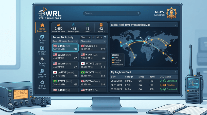World Radio League dashboard displaying active members, recent DX spots, global propagation map, and logbook feed