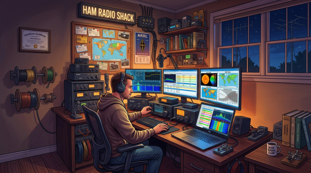 Man using multiple radio and computer screens in a dedicated ham radio shack at night
