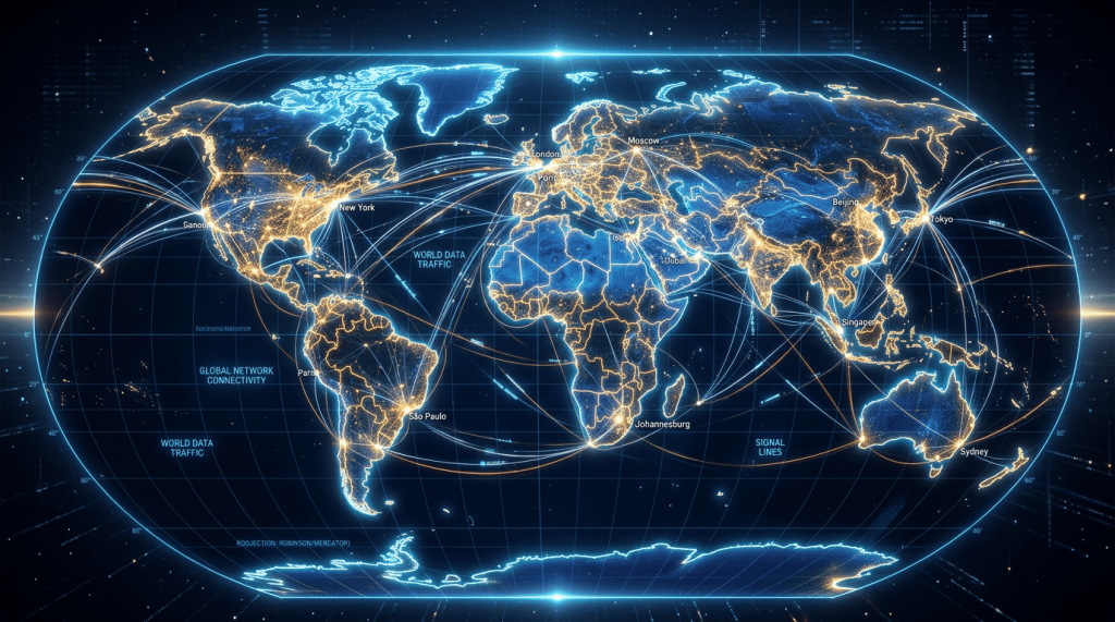 World map highlighting global network connections and data traffic lines between cities such as New York, London, Tokyo, and Sydney
