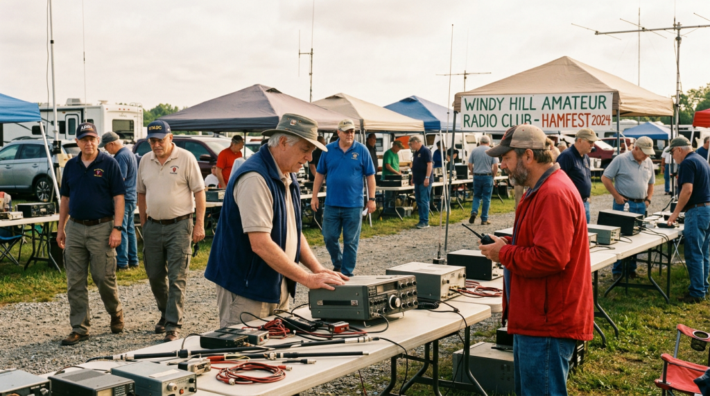 Various people at an amateur radio Hamfest event with radio equipment and tents