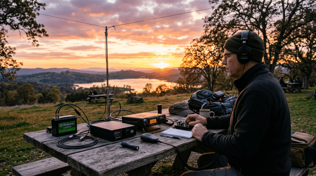 Man operating amateur radio equipment at picnic table outdoors with sunset and lake in background