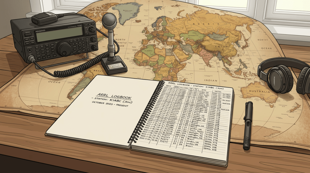 Open amateur radio logbook showing contact details with radio transceiver and microphone nearby