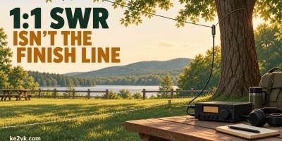 Illustrated portable HF radio on a picnic table beside an elevated wire antenna, with the headline “1:1 SWR isn’t the finish line.”