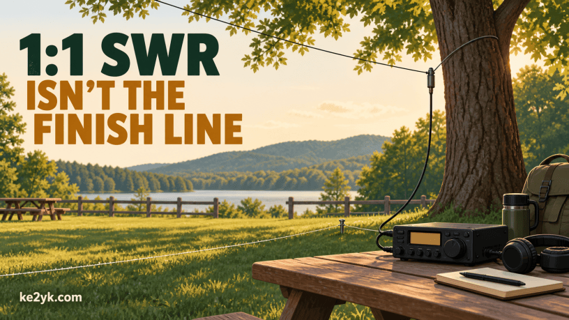 Illustrated portable HF radio on a picnic table beside an elevated wire antenna, with the headline “1:1 SWR isn’t the finish line.”