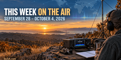 Portable amateur-radio operator using an HF station at sunset for the September 28–October 4 weekly operating guide.