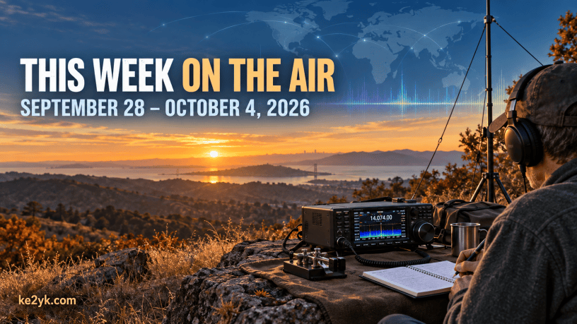 Portable amateur-radio operator using an HF station at sunset for the September 28–October 4 weekly operating guide.