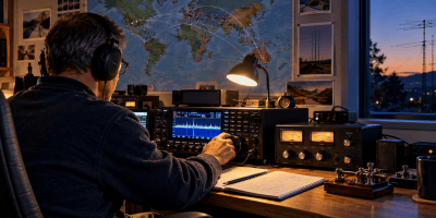 Amateur radio operator participating in an on-air contest from a home radio station at dusk.