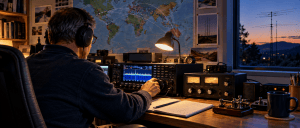 Amateur radio operator participating in an on-air contest from a home radio station at dusk.