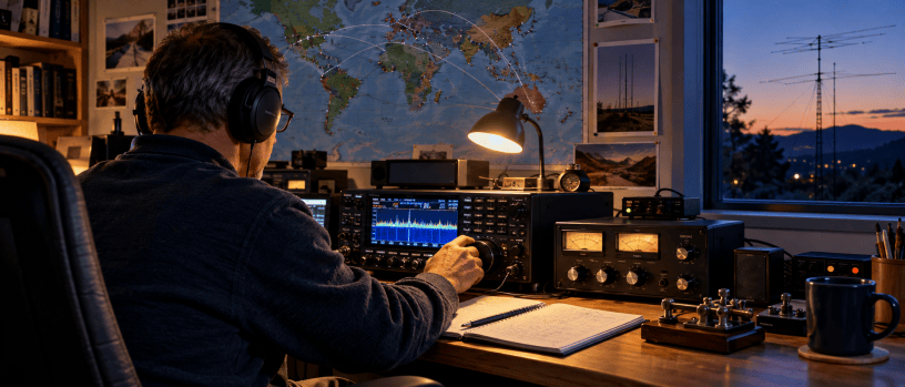 Amateur radio operator participating in an on-air contest from a home radio station at dusk.