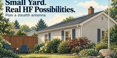 Illustration of a small house and yard with a flagpole and a discreet roofline antenna wire. Text: Small Yard. Real HF Possibilities.