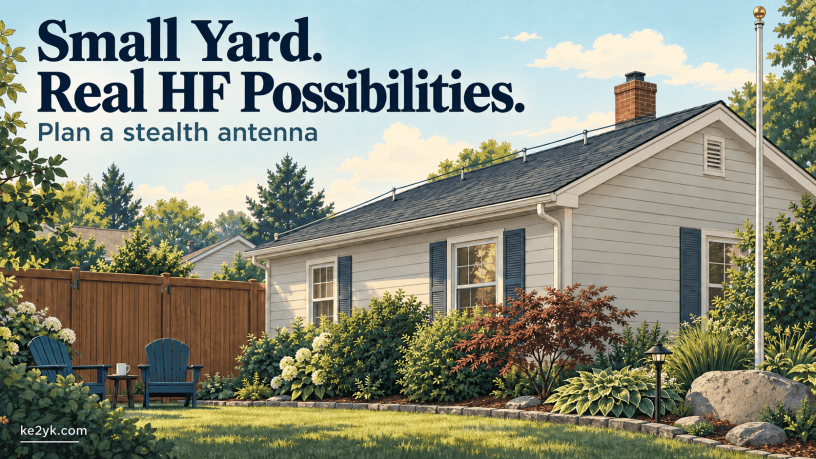 Illustration of a small house and yard with a flagpole and a discreet roofline antenna wire. Text: Small Yard. Real HF Possibilities.