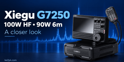 Editorial illustration of the Xiegu G7250 control head, RF unit and microphone beside its advertised HF and 6-meter output.