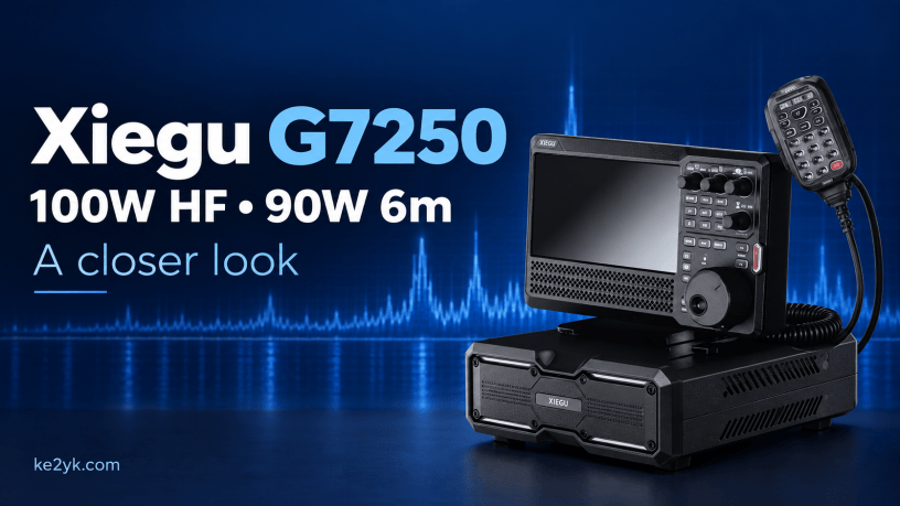 Editorial illustration of the Xiegu G7250 control head, RF unit and microphone beside its advertised HF and 6-meter output.