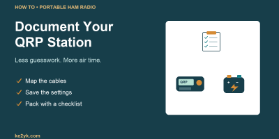 QRP radio, battery, and station notes beside the words Document Your QRP Station.