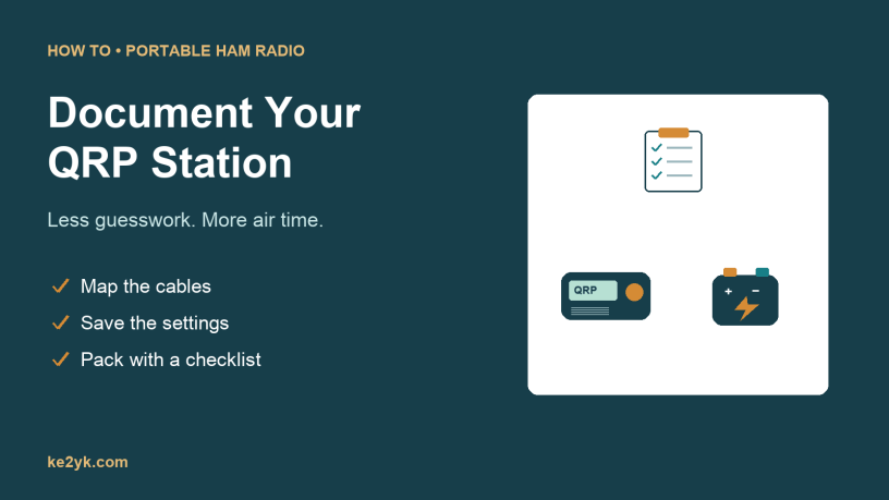 QRP radio, battery, and station notes beside the words Document Your QRP Station.