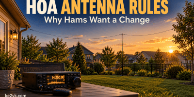 House and ham radio with a discreet wire antenna; headline reads HOA Antenna Rules, Why Hams Want a Change.
