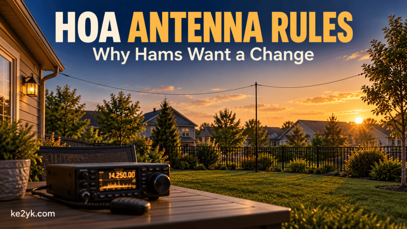 House and ham radio with a discreet wire antenna; headline reads HOA Antenna Rules, Why Hams Want a Change.