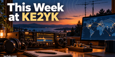 Amateur radio station at sunset with radio equipment, Morse key, antenna, and world contact map
