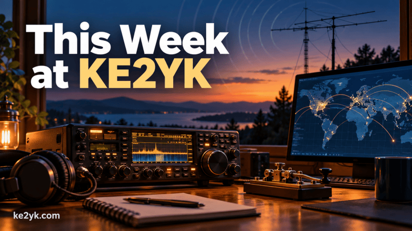 Amateur radio station at sunset with radio equipment, Morse key, antenna, and world contact map