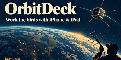 OrbitDeck illustration with a satellite above Earth and a Yagi antenna; text reads “Work the birds with iPhone & iPad.”