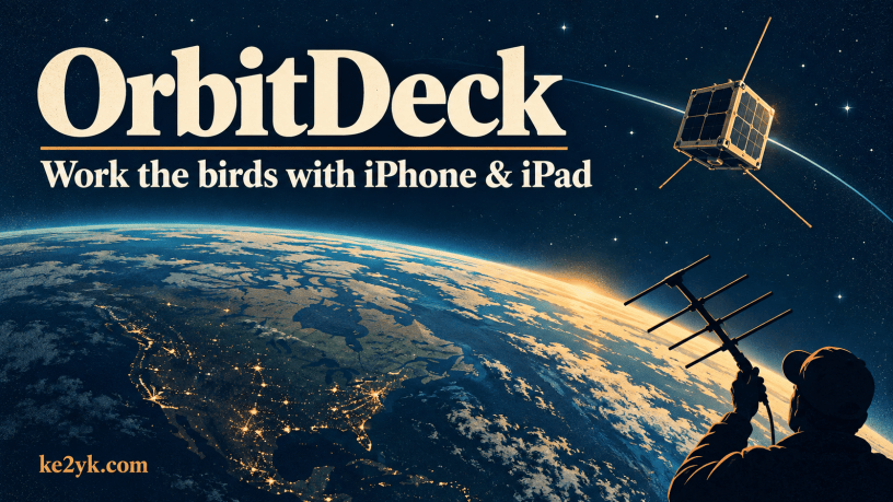 OrbitDeck illustration with a satellite above Earth and a Yagi antenna; text reads “Work the birds with iPhone & iPad.”