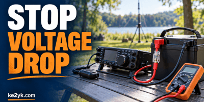 Portable HF radio, fused battery cable and multimeter on a park table with the words Stop Voltage Drop.
