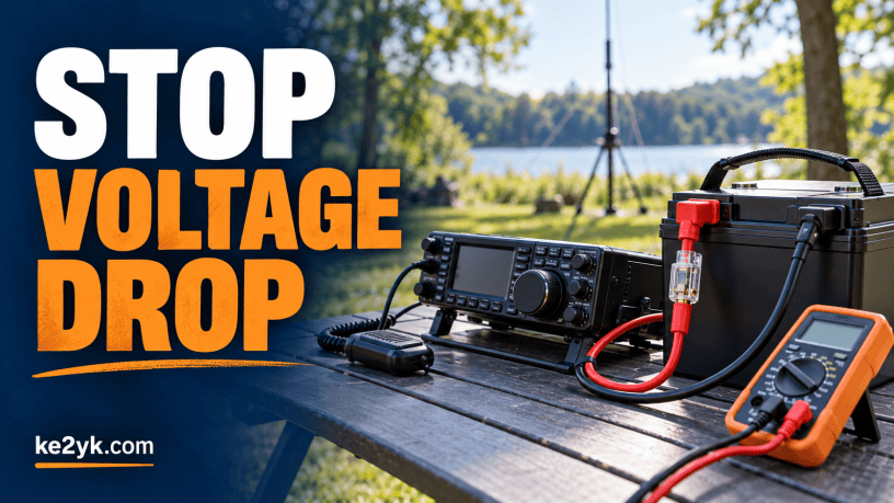 Portable HF radio, fused battery cable and multimeter on a park table with the words Stop Voltage Drop.