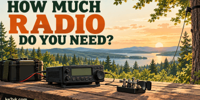 Illustrated compact radio, Morse paddle, and battery on a park table beneath the headline How Much Radio Do You Need?