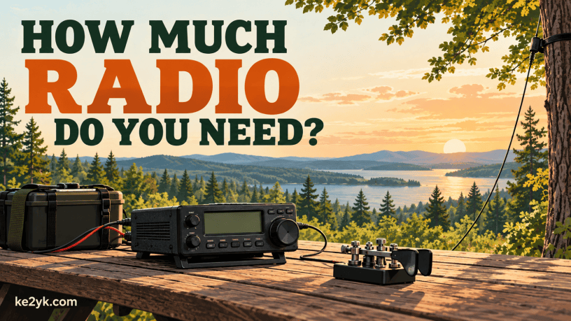 Illustrated compact radio, Morse paddle, and battery on a park table beneath the headline How Much Radio Do You Need?