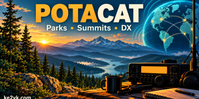 POTACAT illustration showing a mountain landscape, forest, globe and amateur radio station.