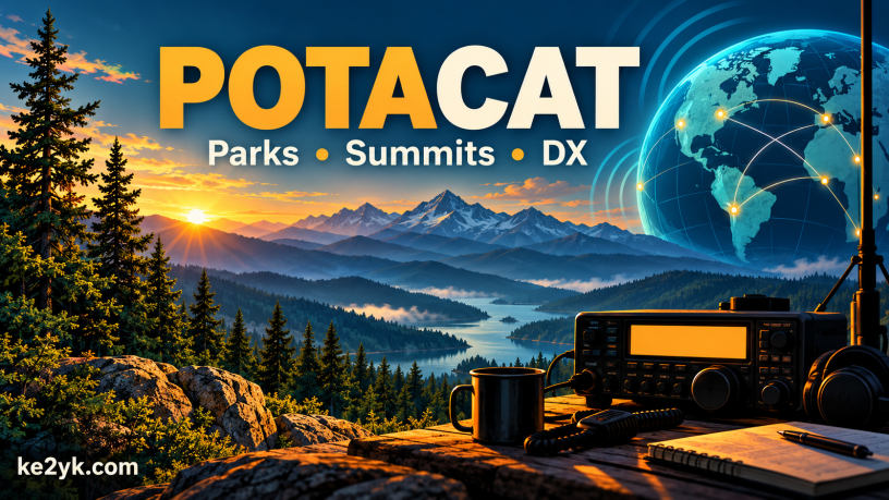 POTACAT illustration showing a mountain landscape, forest, globe and amateur radio station.