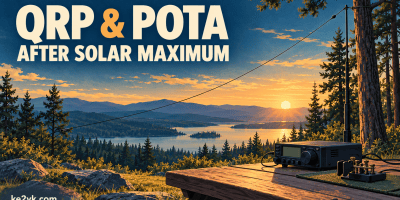 Illustration of a portable HF radio and Morse paddle on a park picnic table beneath a wire antenna, with the headline QRP & POTA After Solar Maximum.