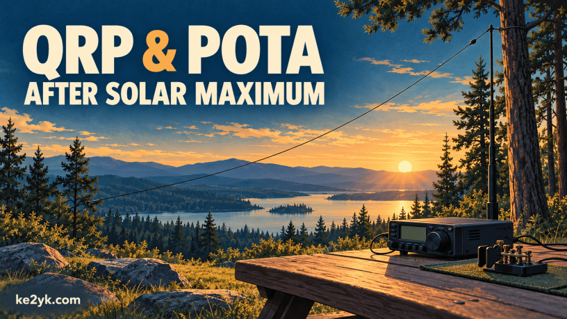 Illustration of a portable HF radio and Morse paddle on a park picnic table beneath a wire antenna, with the headline QRP & POTA After Solar Maximum.