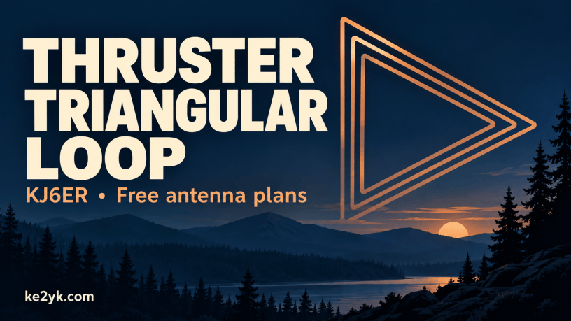 Thruster Triangular Loop title beside abstract copper triangles above a forest lake at sunset.